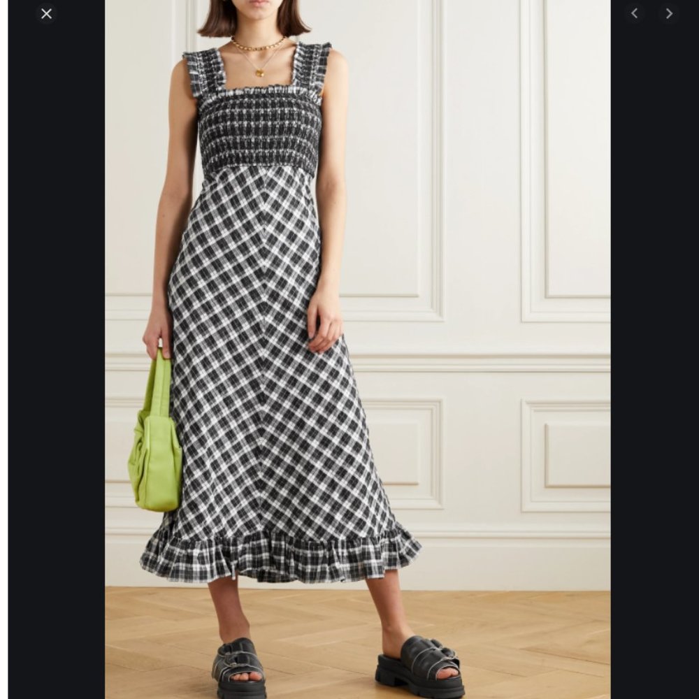 Ganni Smocked Checked Seersucker Midi Dress FR 42